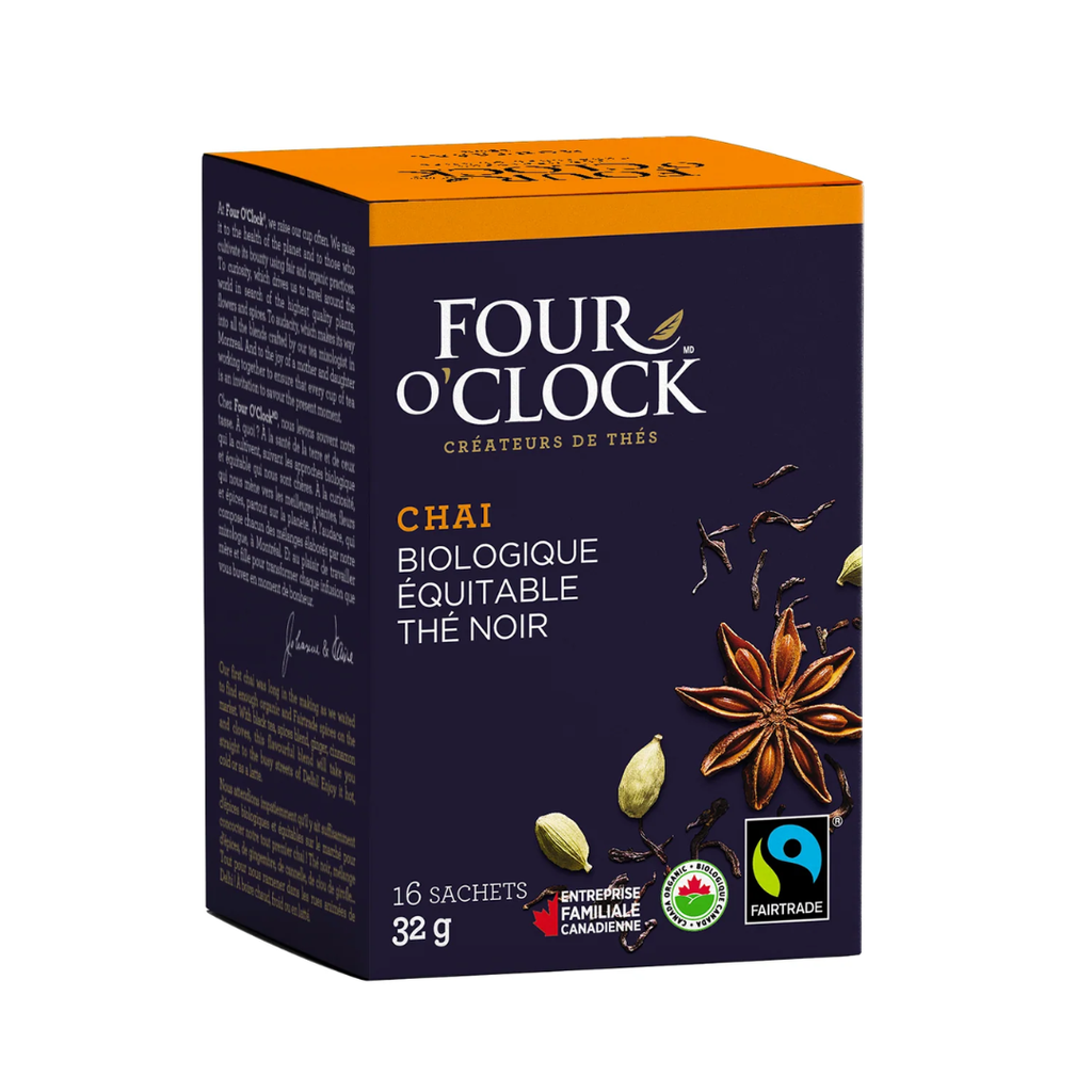 Four O'Clock | Thé Noir Chai Bio. Équ. boite de 16 sachets