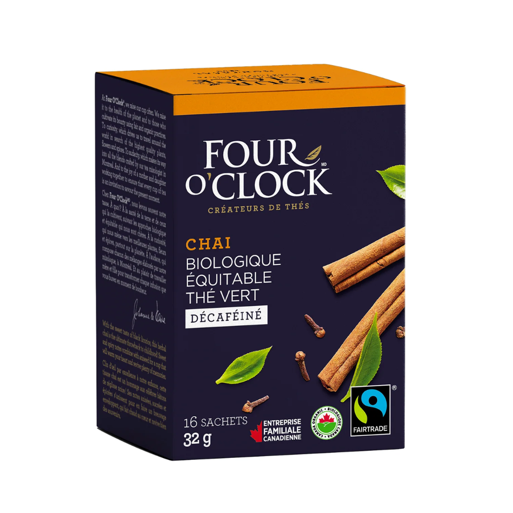 Four O'Clock | Thé Vert Chai Décaf Bio. Équ. boite de 16 sachets